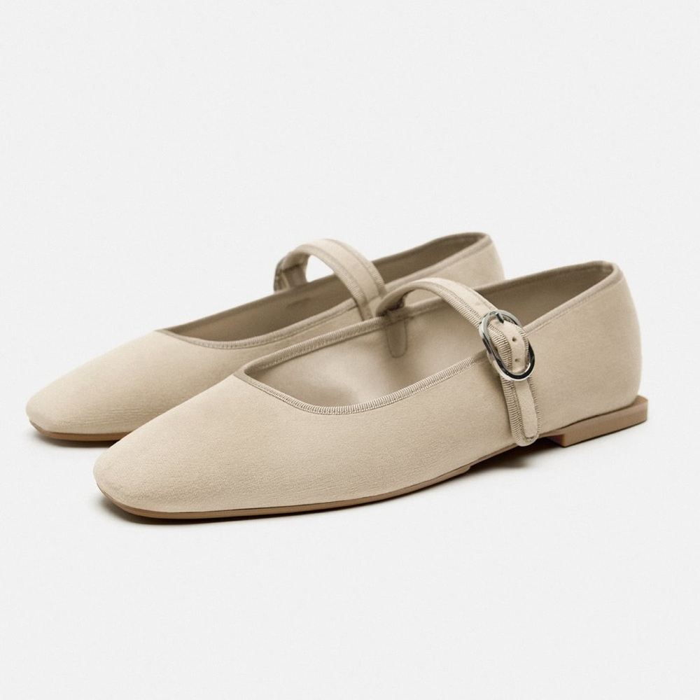 Zara Flat ballet Velvet Mary Jane Shoes Buckled strap comfort Sole Taupe Neutral - Picture 7 of 15